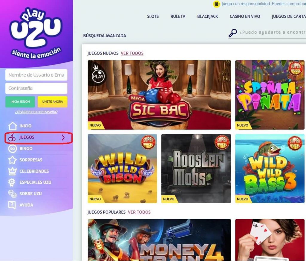 Página de PlayUZU casino con la sección de Juegos resaltada