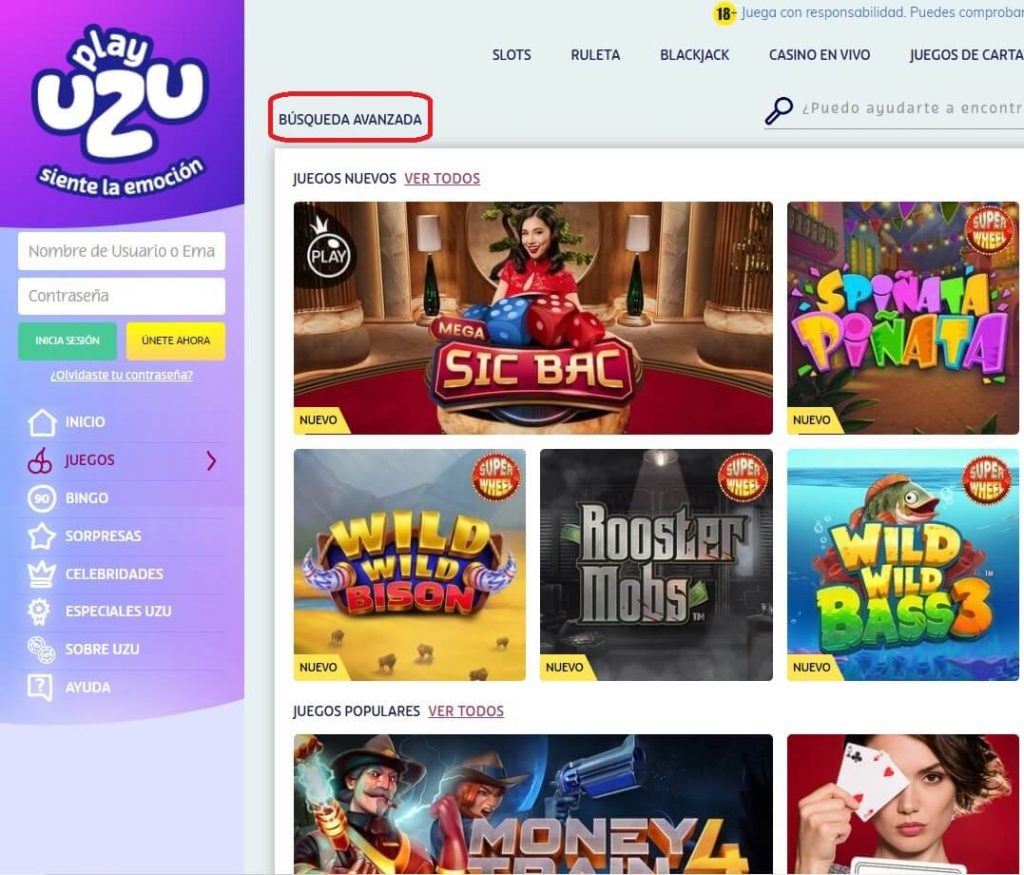 Página de PlayUZU casino con la opción de Búsqueda Avanzada resaltada