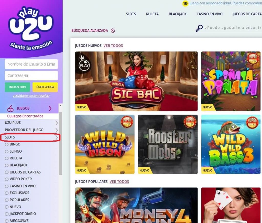 Página de PlayUZU casino con la sección de Slots resaltada