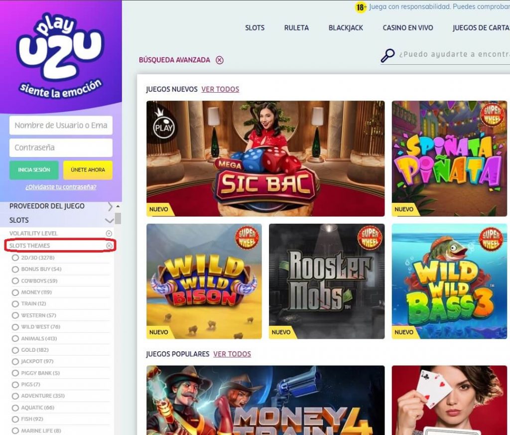 Página de PlayUZU casino con la sección de Slots Themes resaltada